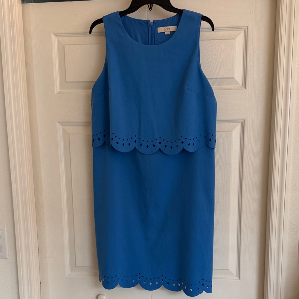 LOFT Blue Midi Dress with Scalloped Hem
